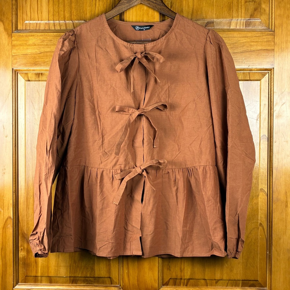 PrettyGarden Womens Terracotta Brown Tie Front Peplum Blouse Long Sleeve Medium